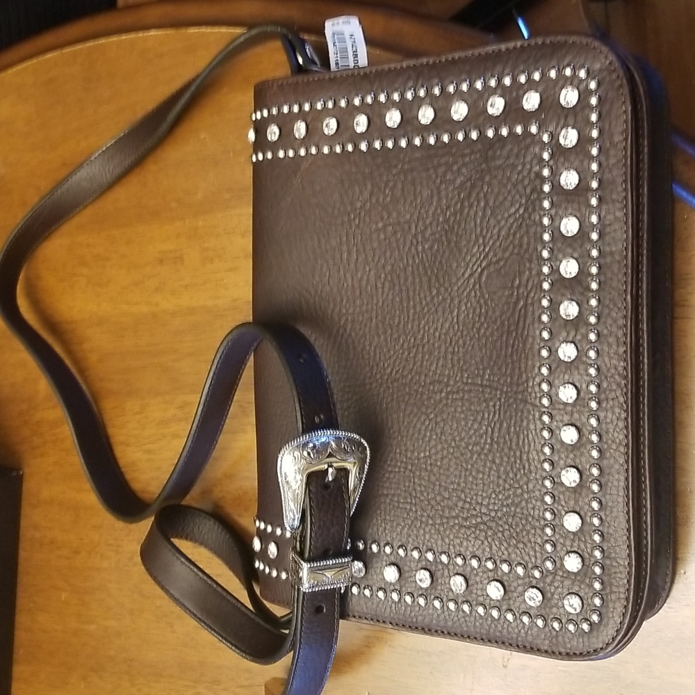 Stud-Trim Dark Brown Leather Crossbody Bag